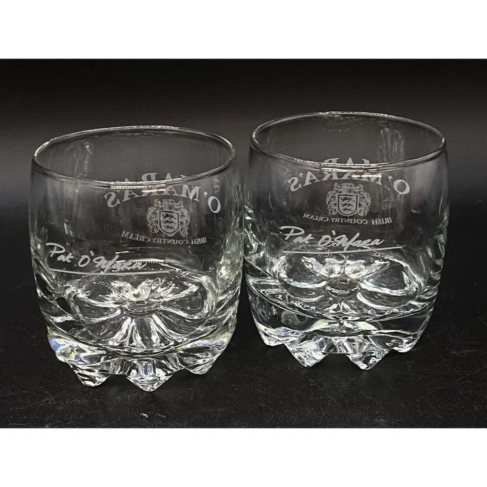 O'Mara’s Irish Country Cream Glass Lot 2 Rocks Glasses Etched Logo Pat O'Mara